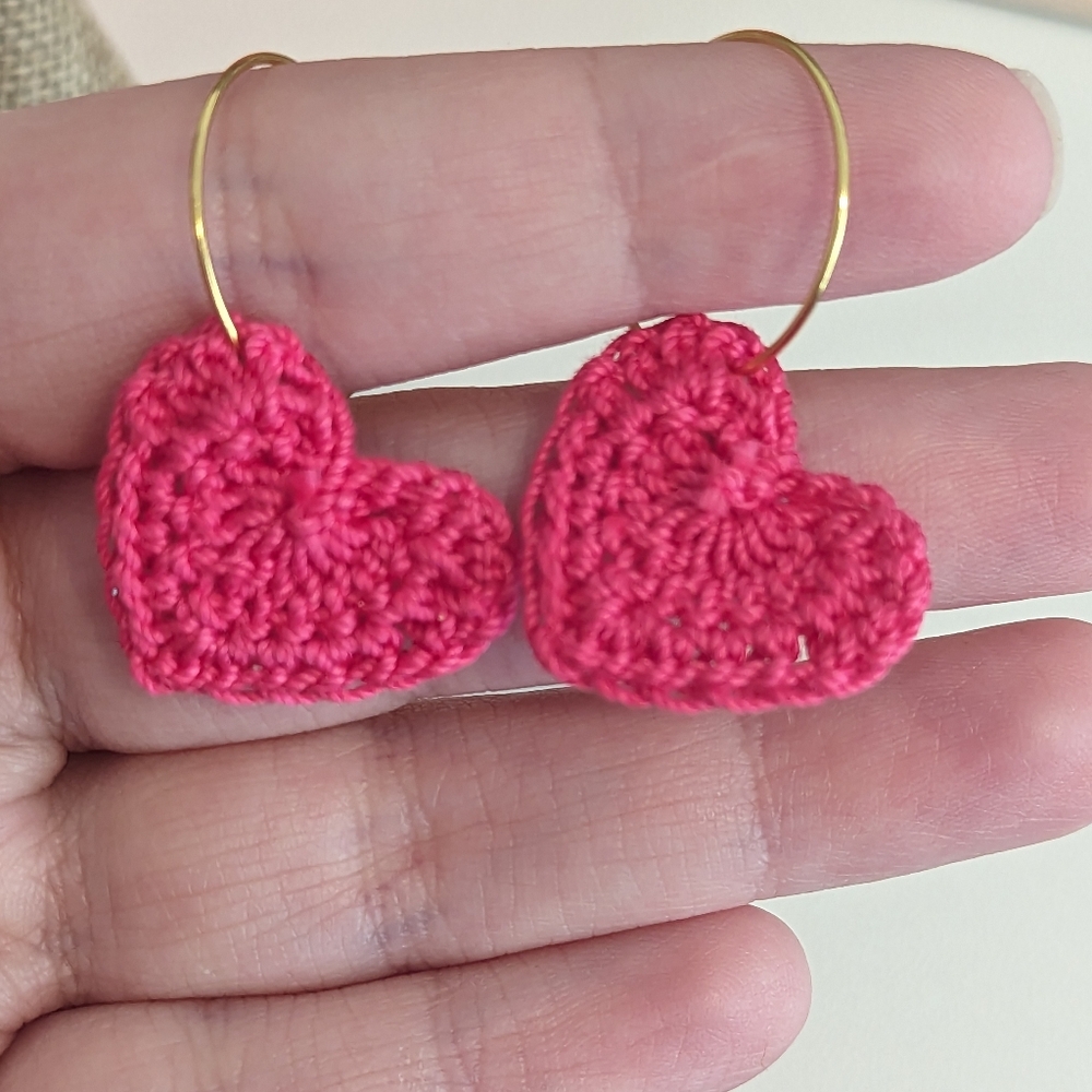 Hot Pink Crochet Heart Earrings New!